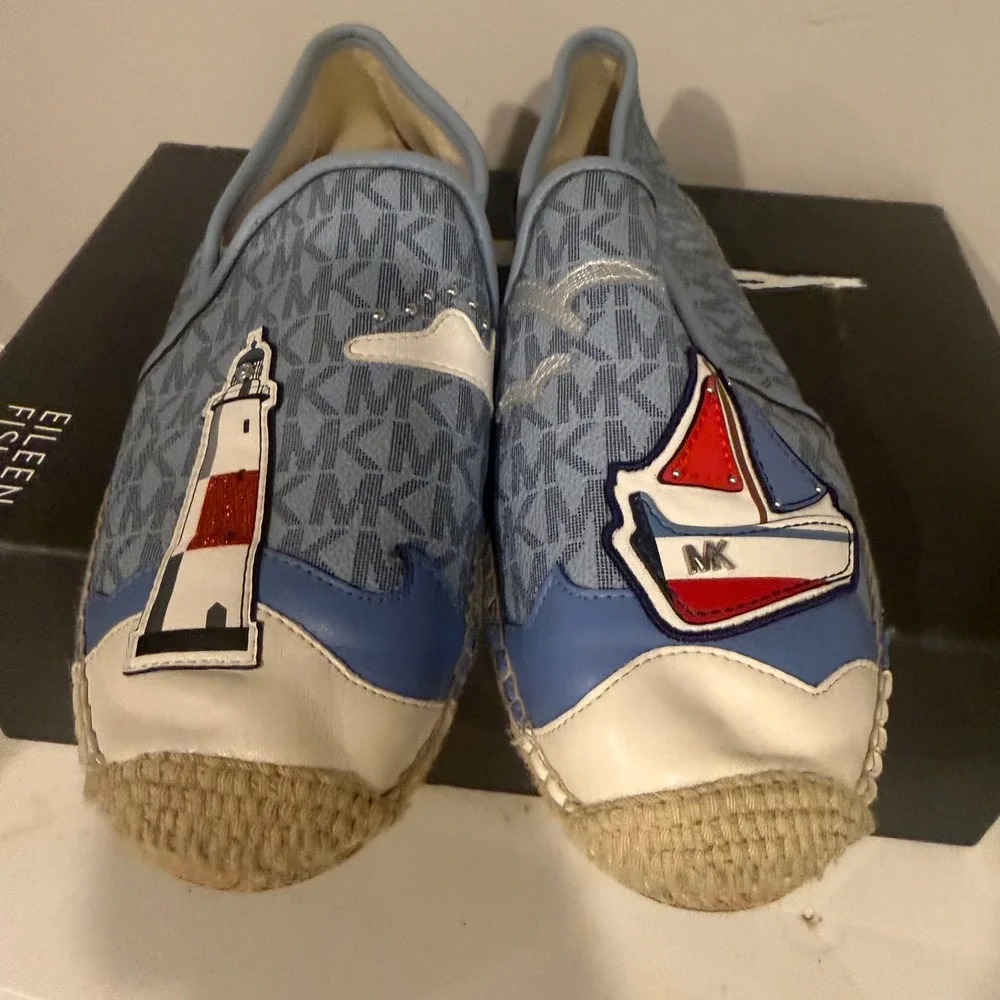 Michael Kors Espadrille Flats Women 9M Blue Excellent Nautical Monogram NL19C